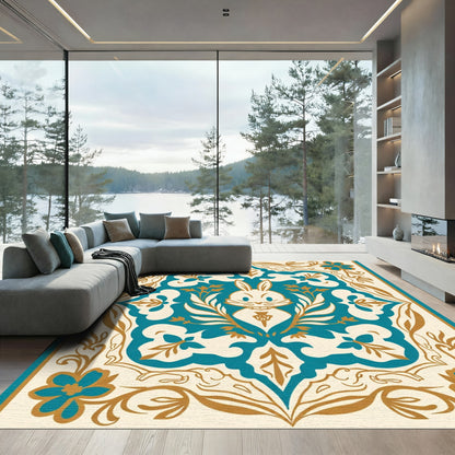 Whimsical Teal Rabbit Floral Frame Rug