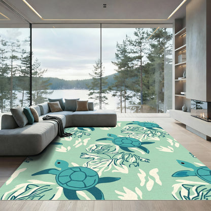 Aqua Sea Turtle Botanical Scene Rug