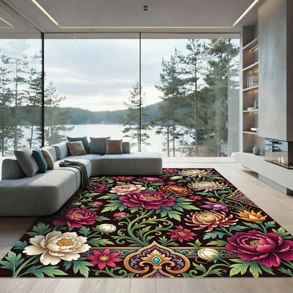 Dark Crimson Floral Art Deco Garden Rug