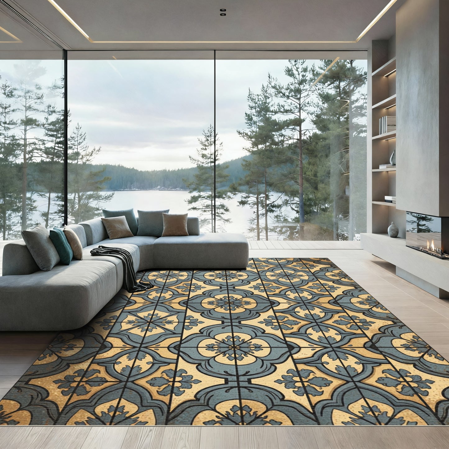 Vintage Teal Golden Quatrefoil Medallion Rug