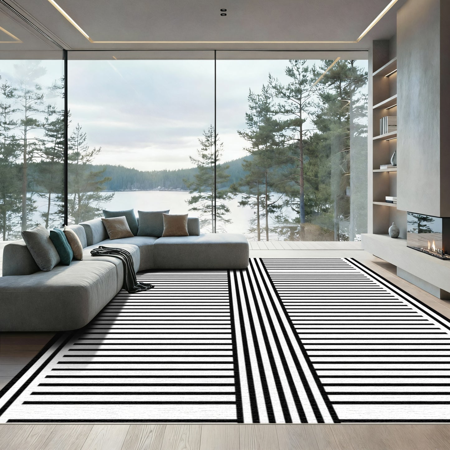 Bold Black White Linear Stripe Rug