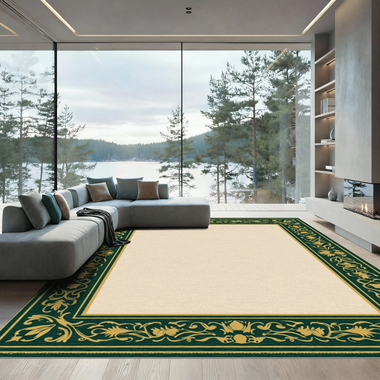 Dark Green Golden Floral Scroll Border Rug