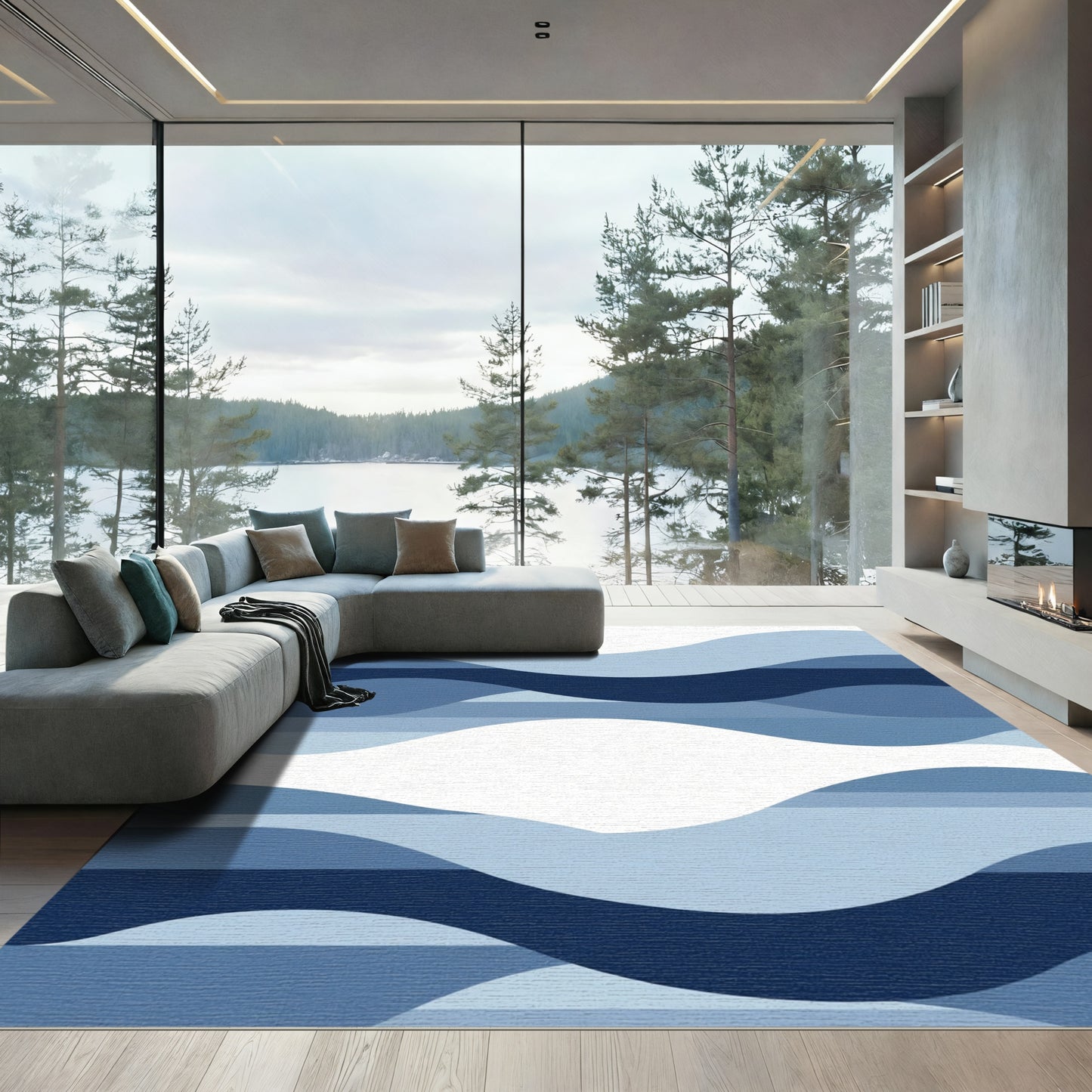 Deep Blue Abstract Wave Layers Rug