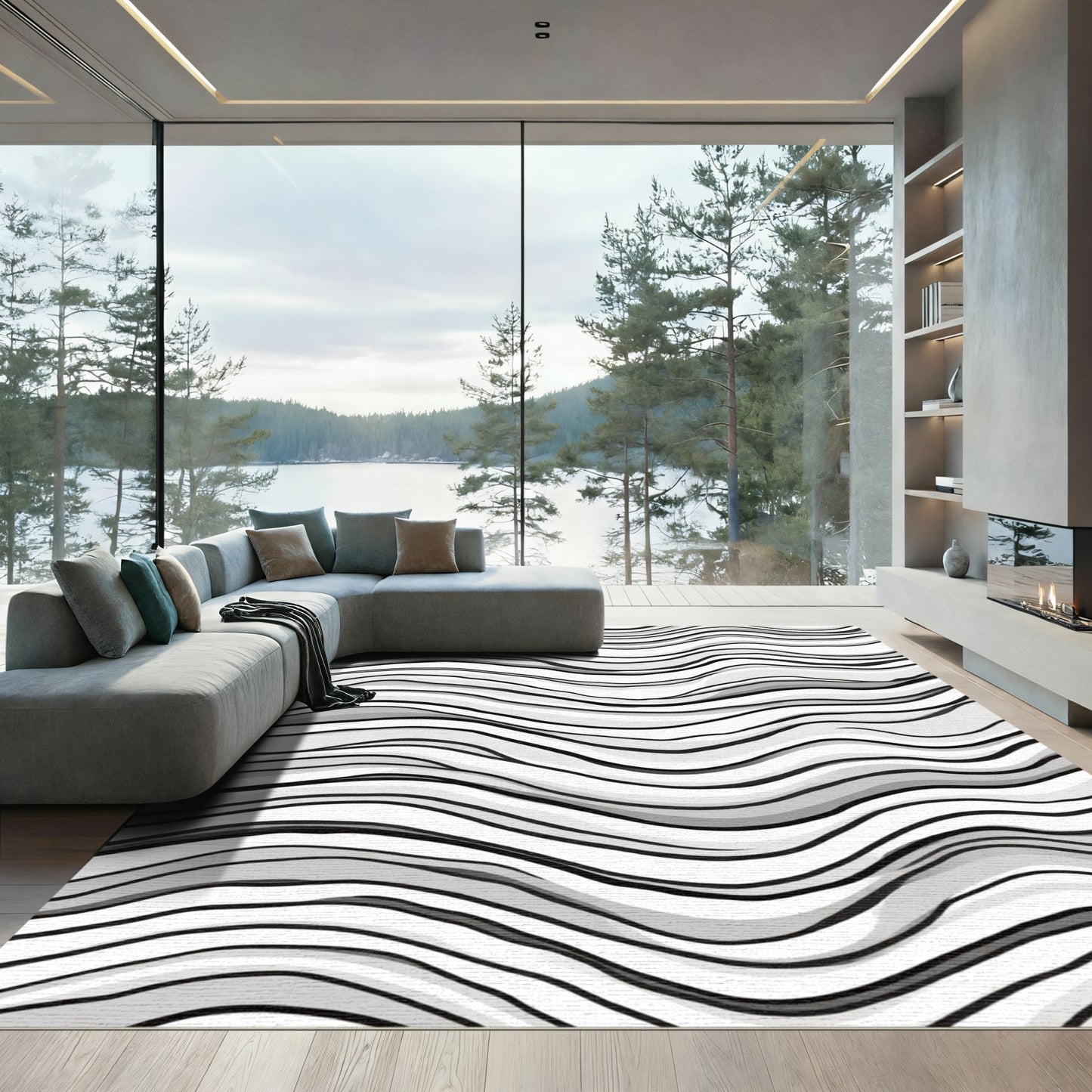 Black White Wavy Stripe Abstract Rug