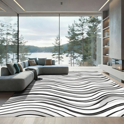 Black White Wavy Stripe Abstract Rug