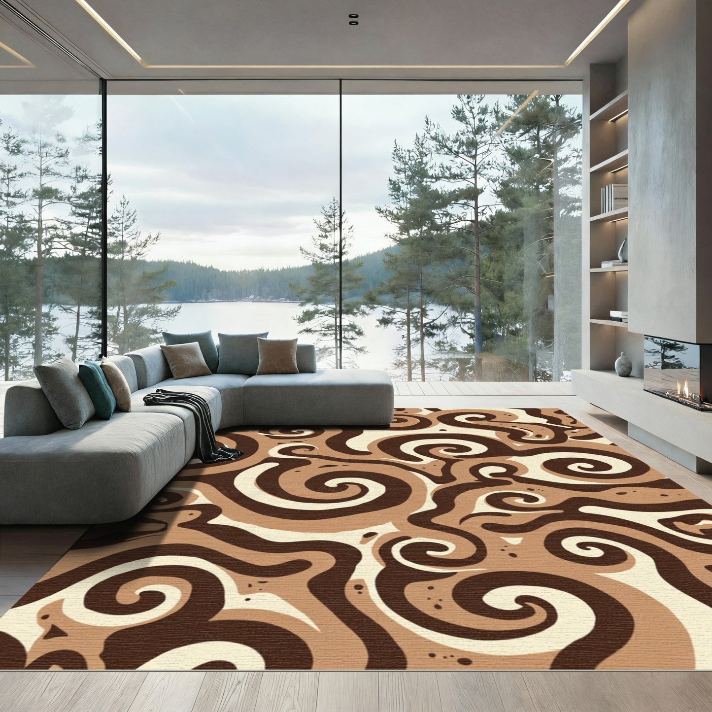 Earthy Swirls Abstract Cream Brown Rug