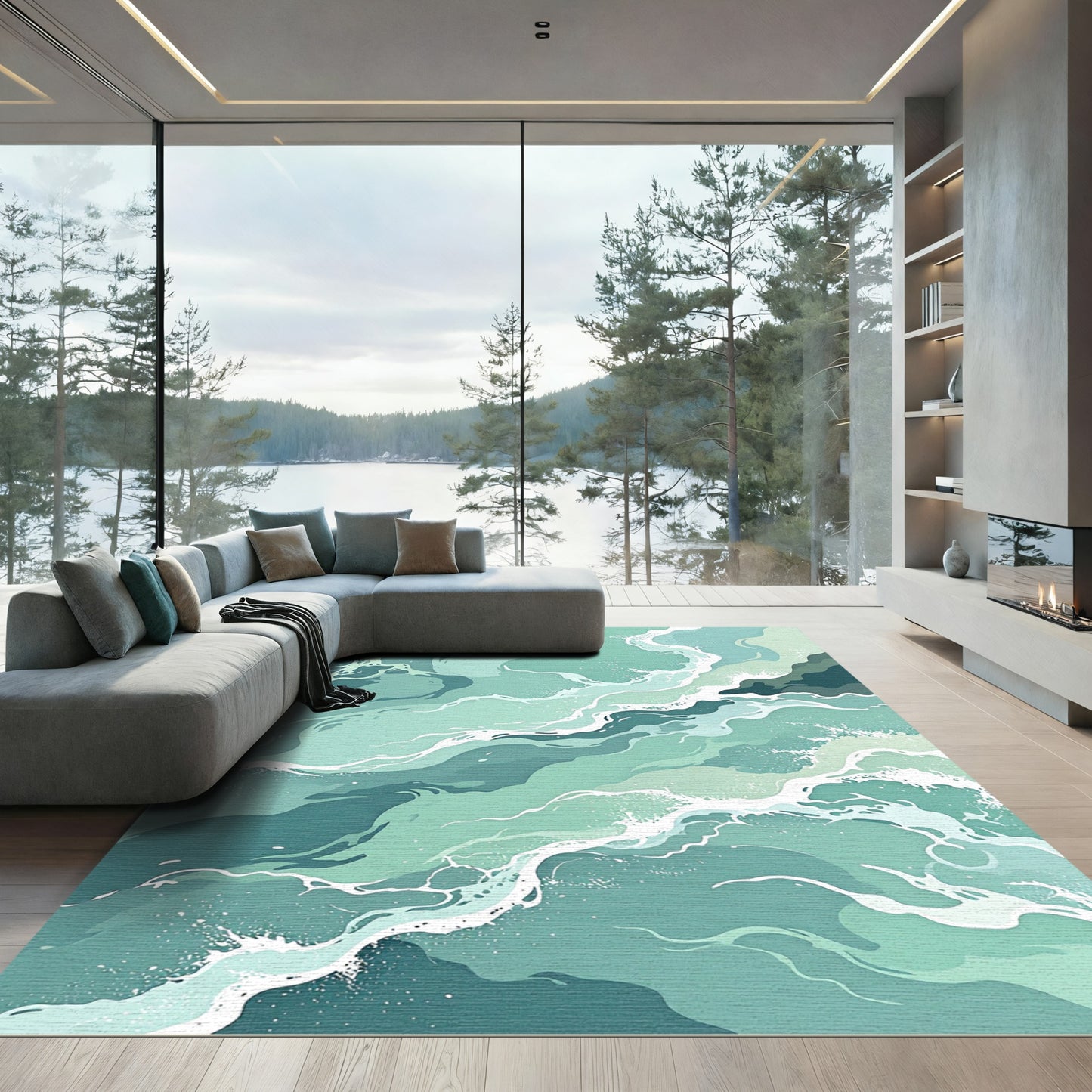 Abstract Oceanic Teal Swirl Wave Rug