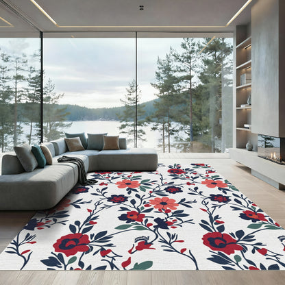 Crimson Coral Navy Floral Vine Rug
