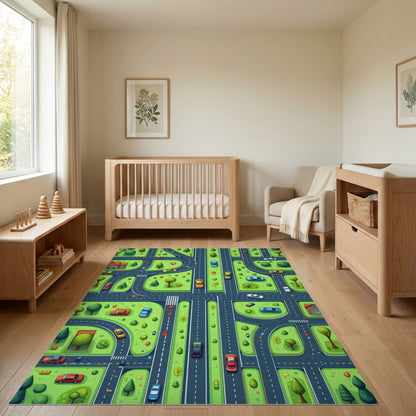Whimsical Green Streets Cars Trees Rug