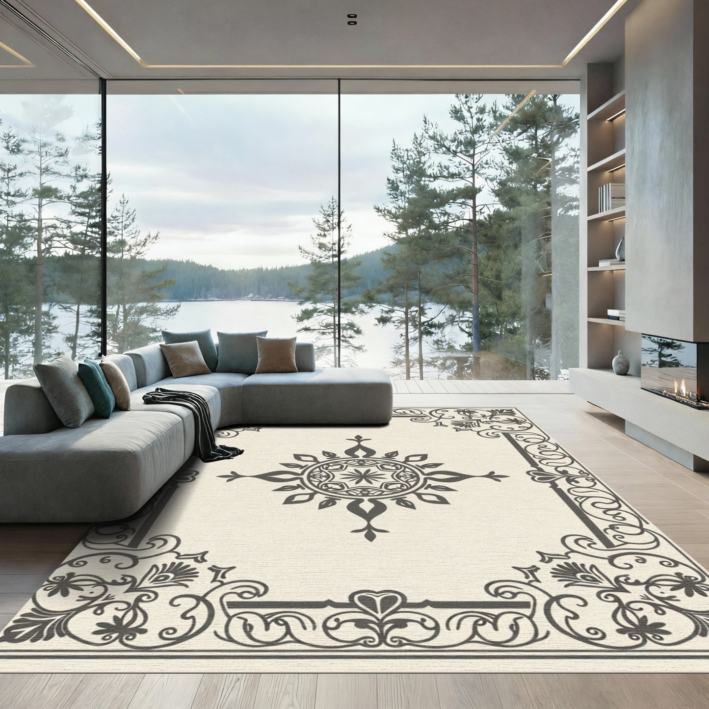 Classic Dark Gray Floral Medallion Rug