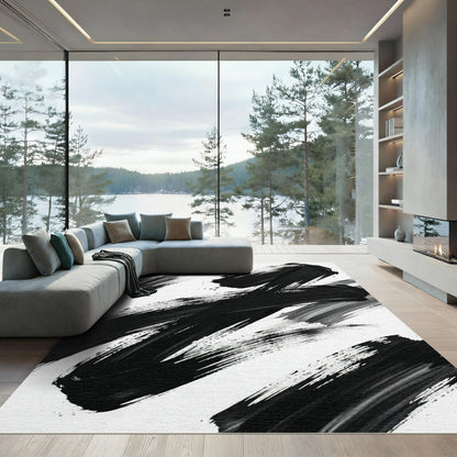 Bold Black Brushstroke Abstract Rug