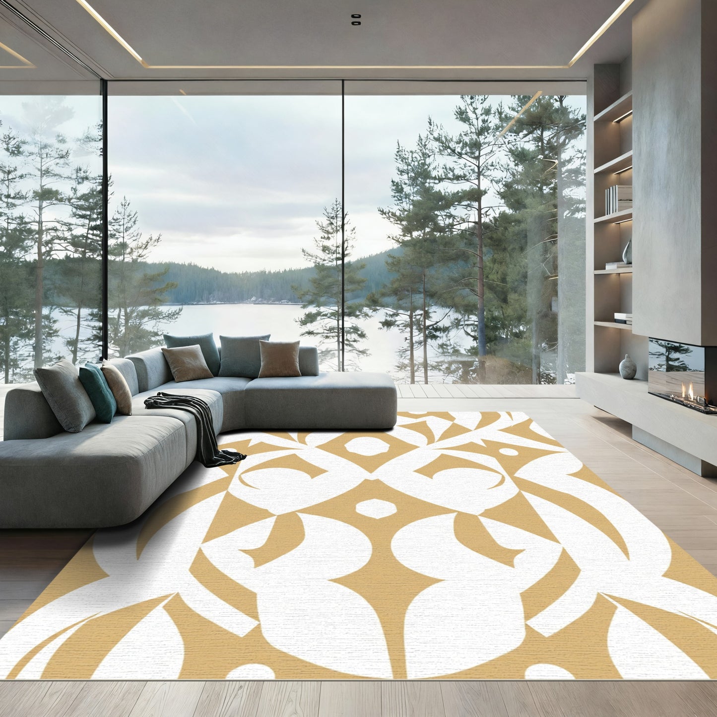 Golden Cream Art Deco Geometric Rug
