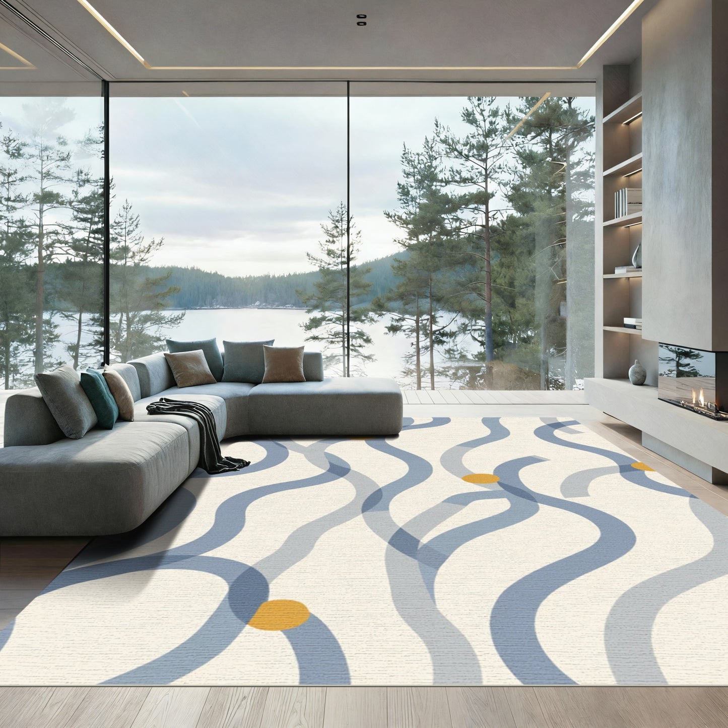 Blue Wavy Lines With Gold Dots Rug