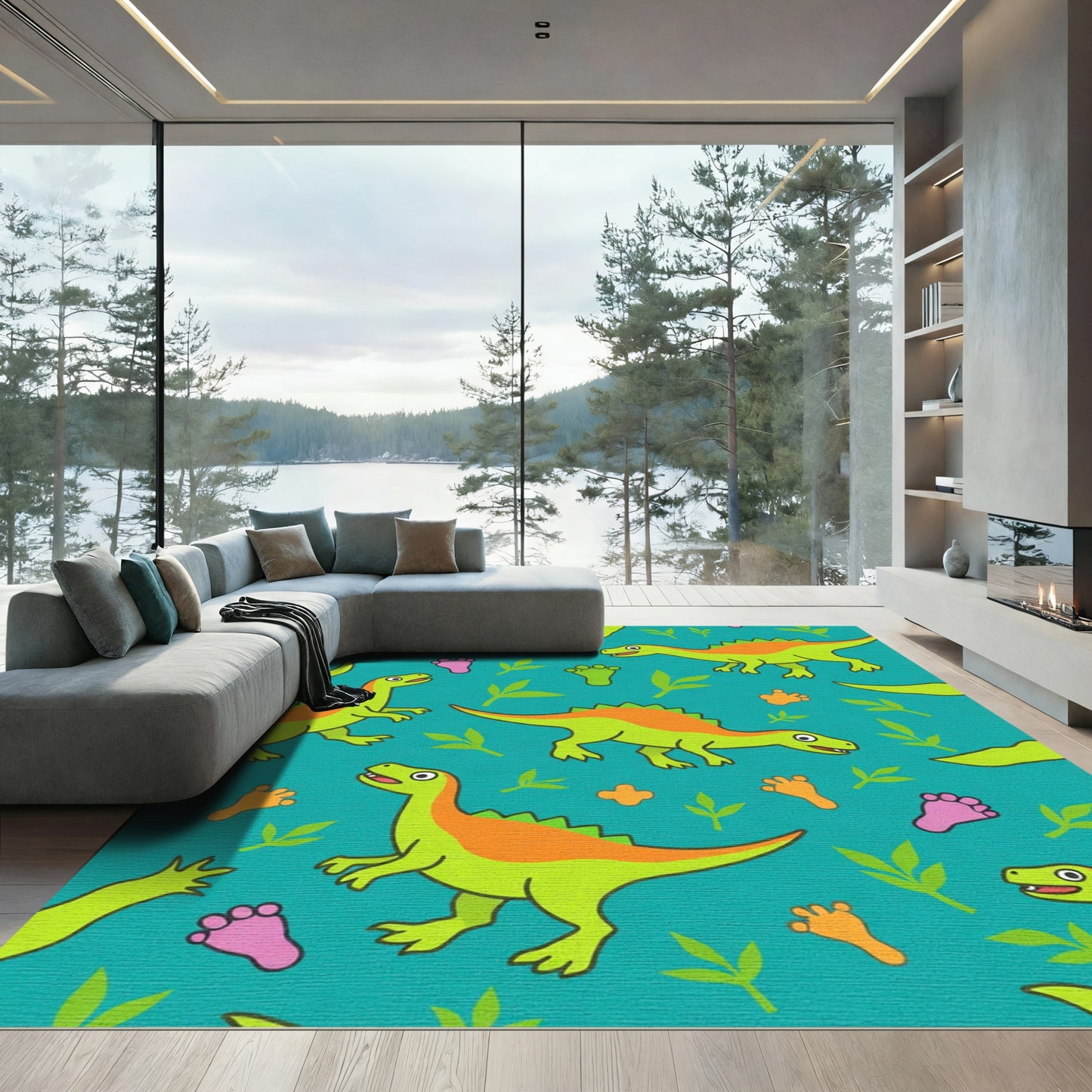 Cute Green Dinosaurs Turquoise Playful Theme Rug