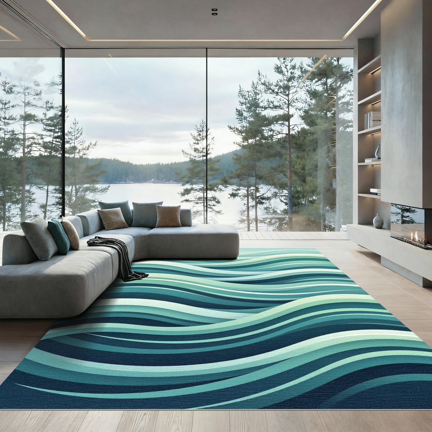 Aqua Green Layered Wave Rug