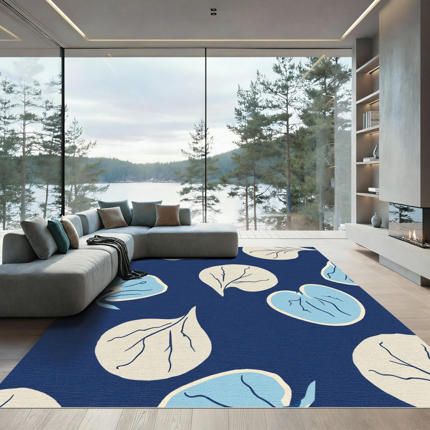 Navy Blue Pastel Leaf Cluster Rug