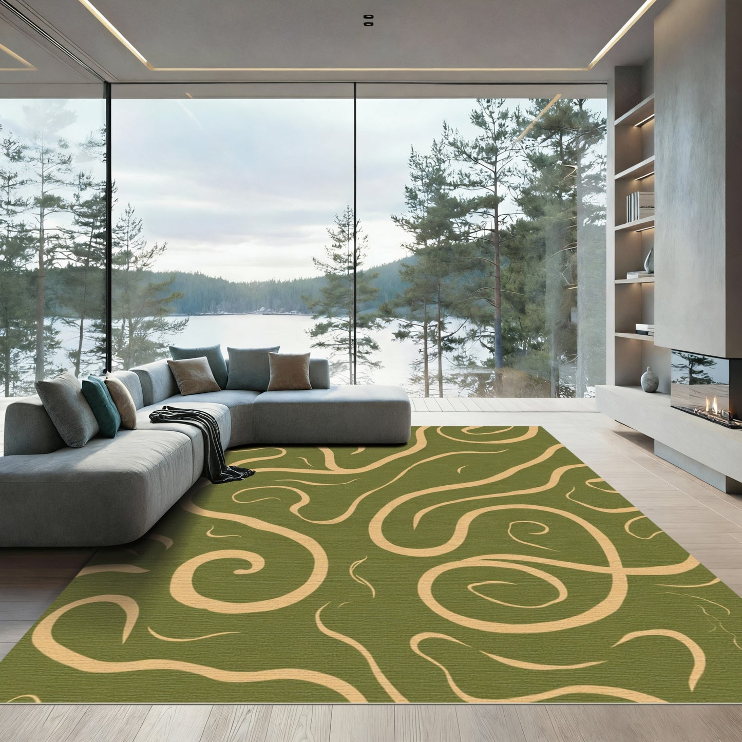 Olive Swirls Cream Abstract Lines Rug