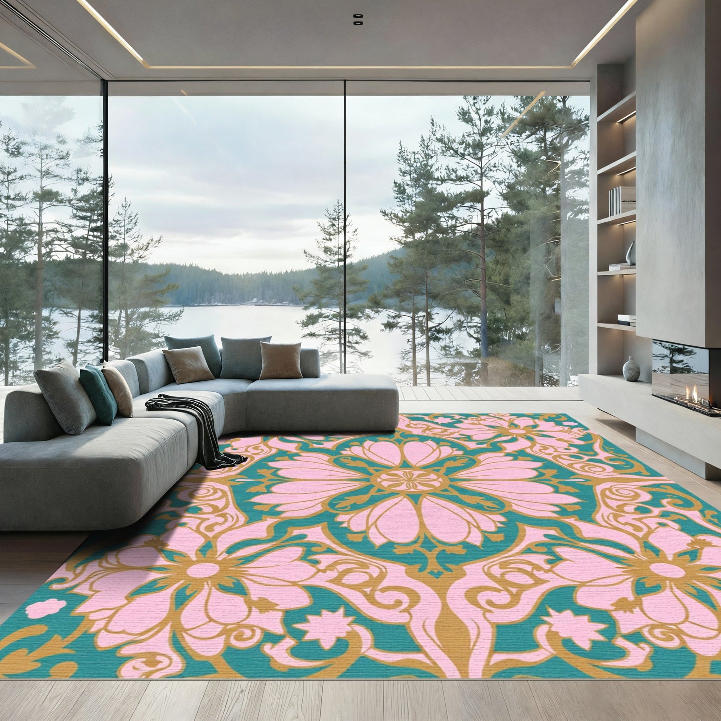 Pink Teal Gold Floral Damask Rug