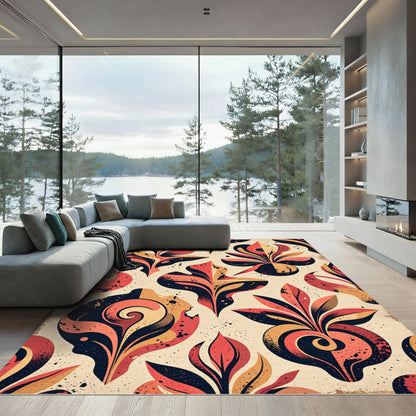 Abstract Red and Gold Floral Swirl Rug