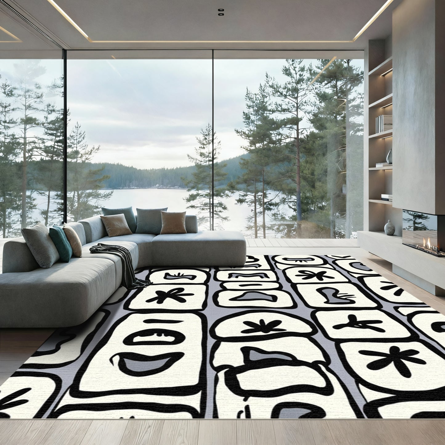 Mid Century Abstract Monochromatic Grid Rug