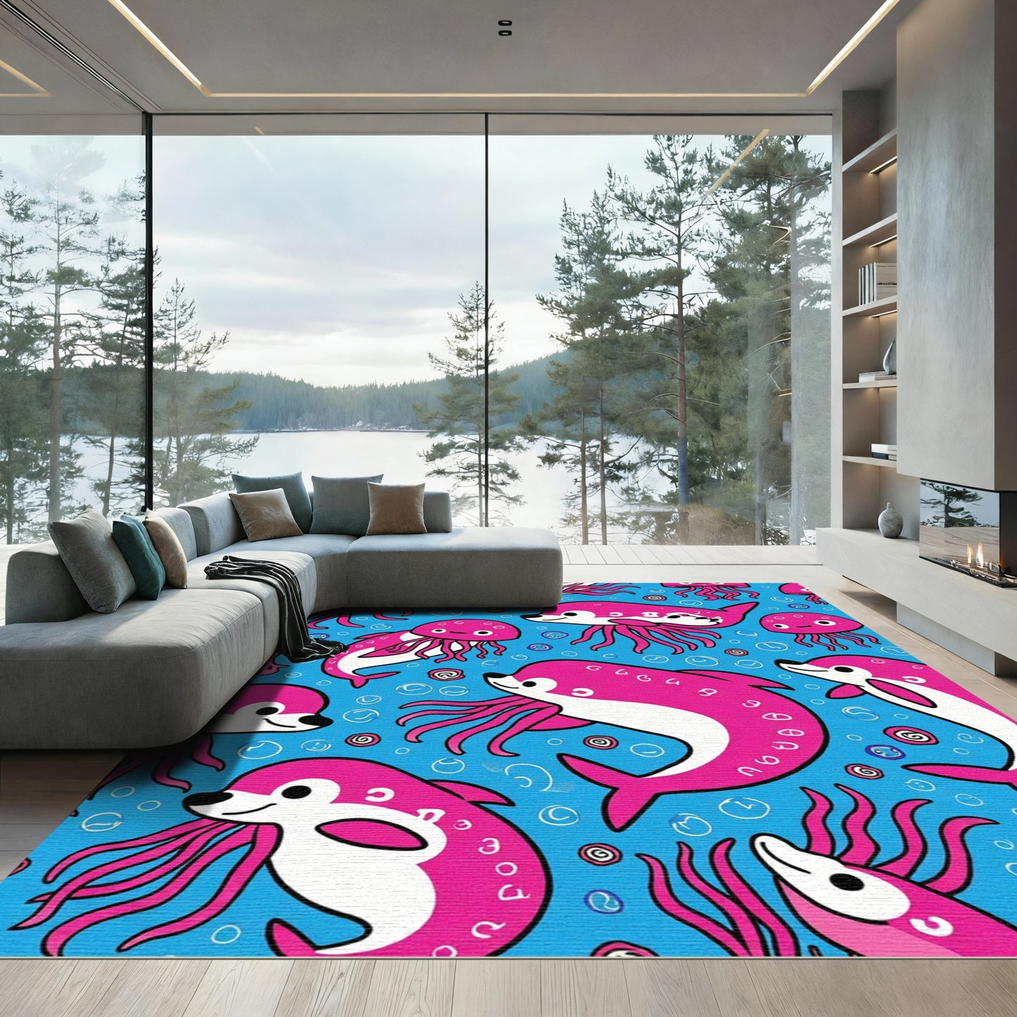 Pink Dolphin Jellyfish Aquatic Circus Rug
