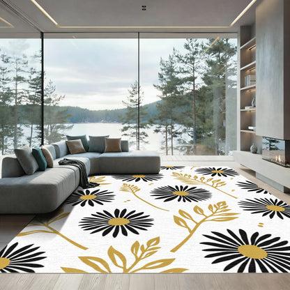 Black Gold Floral Daisy Branches Rug