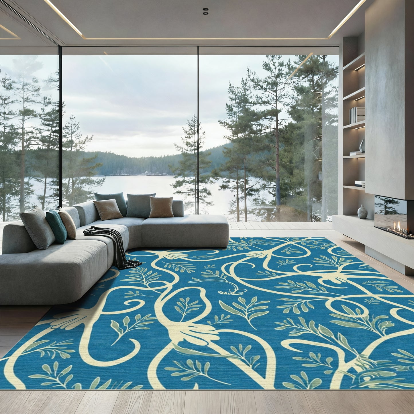 Navy Blue Botanical Vine Scrolls Rug