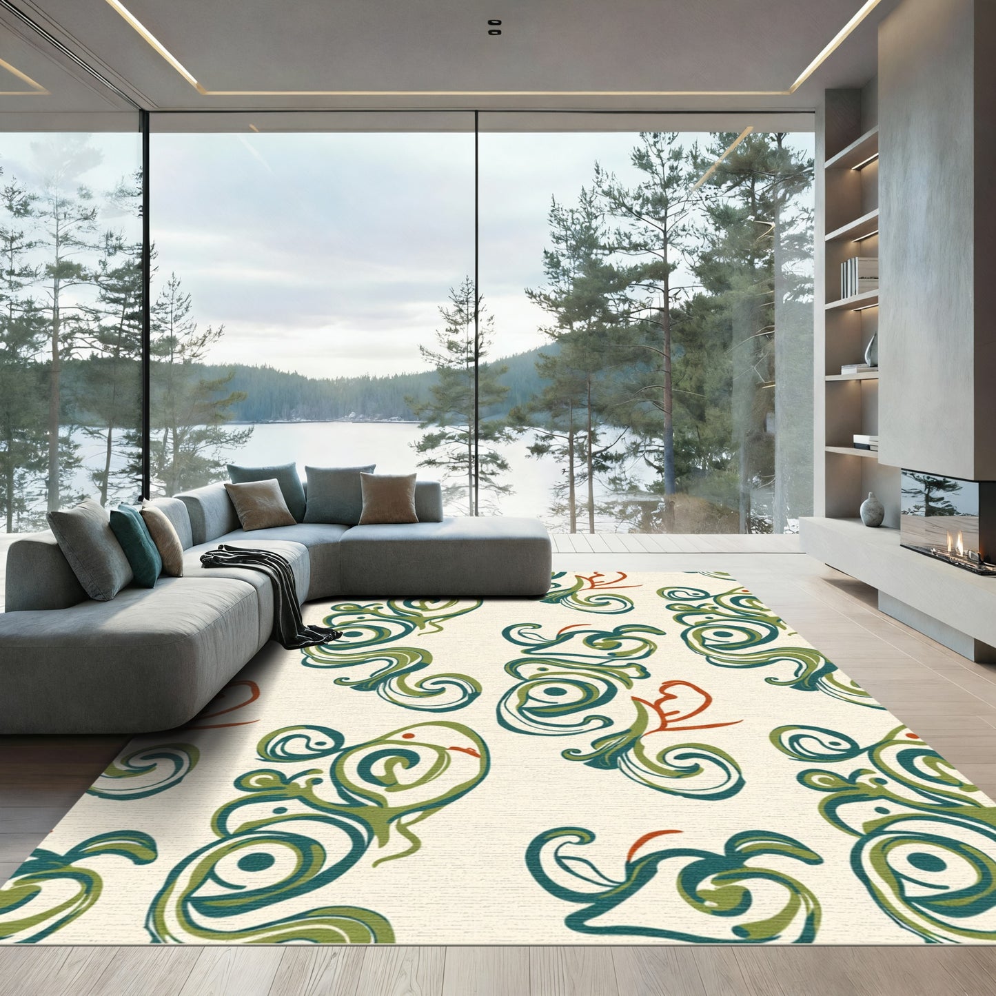Abstract Teal Green Swirl Art Deco Rug