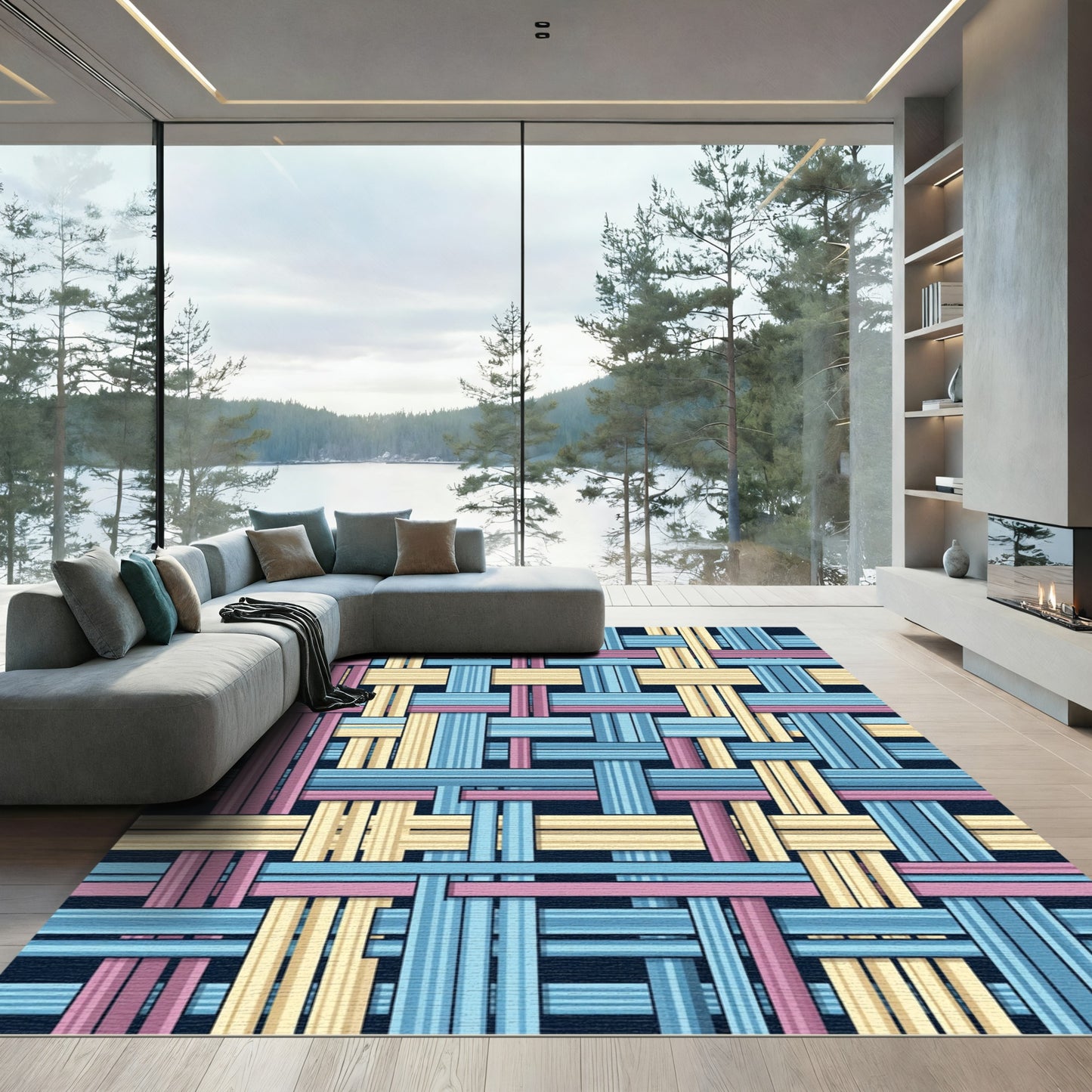 Woven Blue Pink and Cream Grid Rug