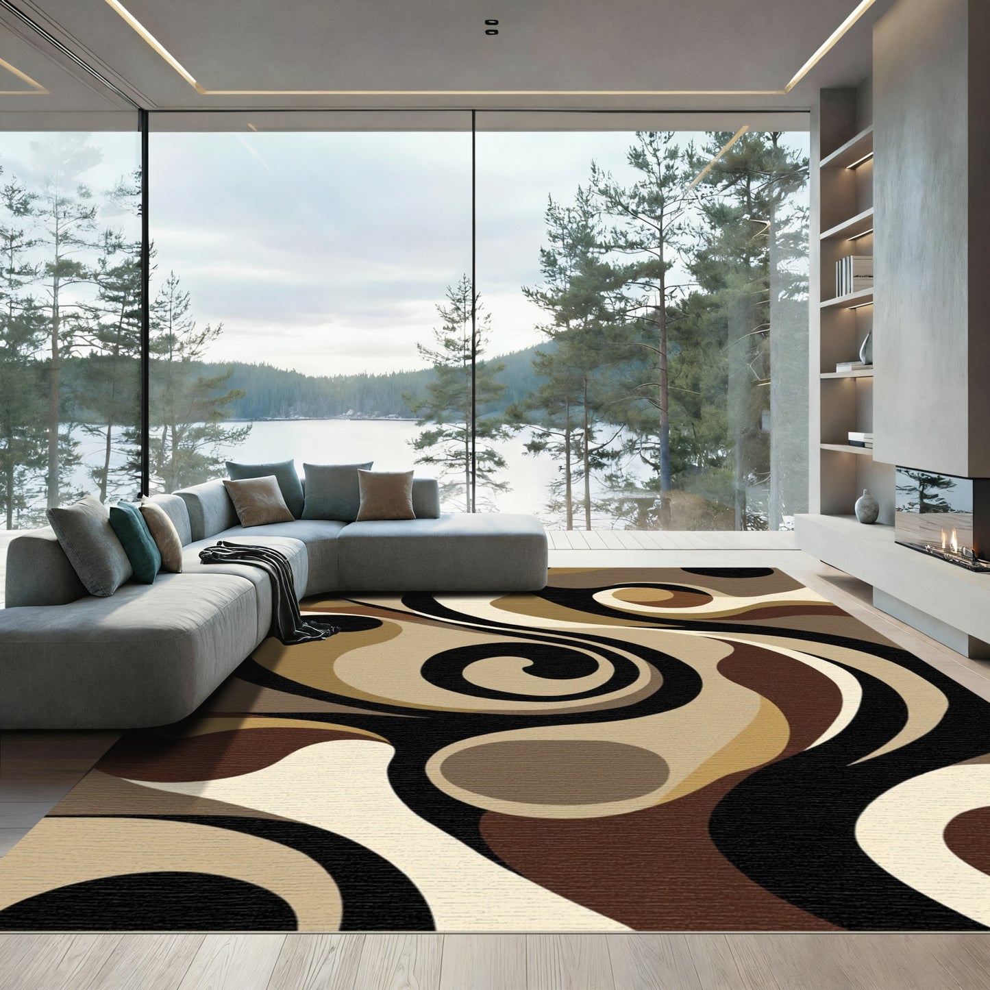 Abstract Swirl Brown Cream Black Rug