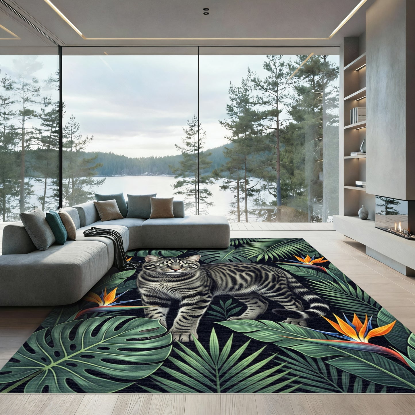 Exotic Jungle Cat Bird of Paradise Rug