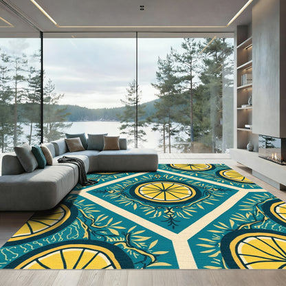 Teal Yellow Citrus Medallion Art Rug