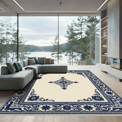 Ornate Navy Floral Centerpiece Border Rug