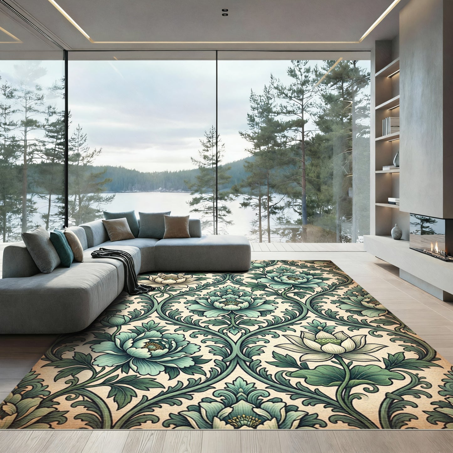 Elegant Sage Green Botanical Lotus Damask Rug