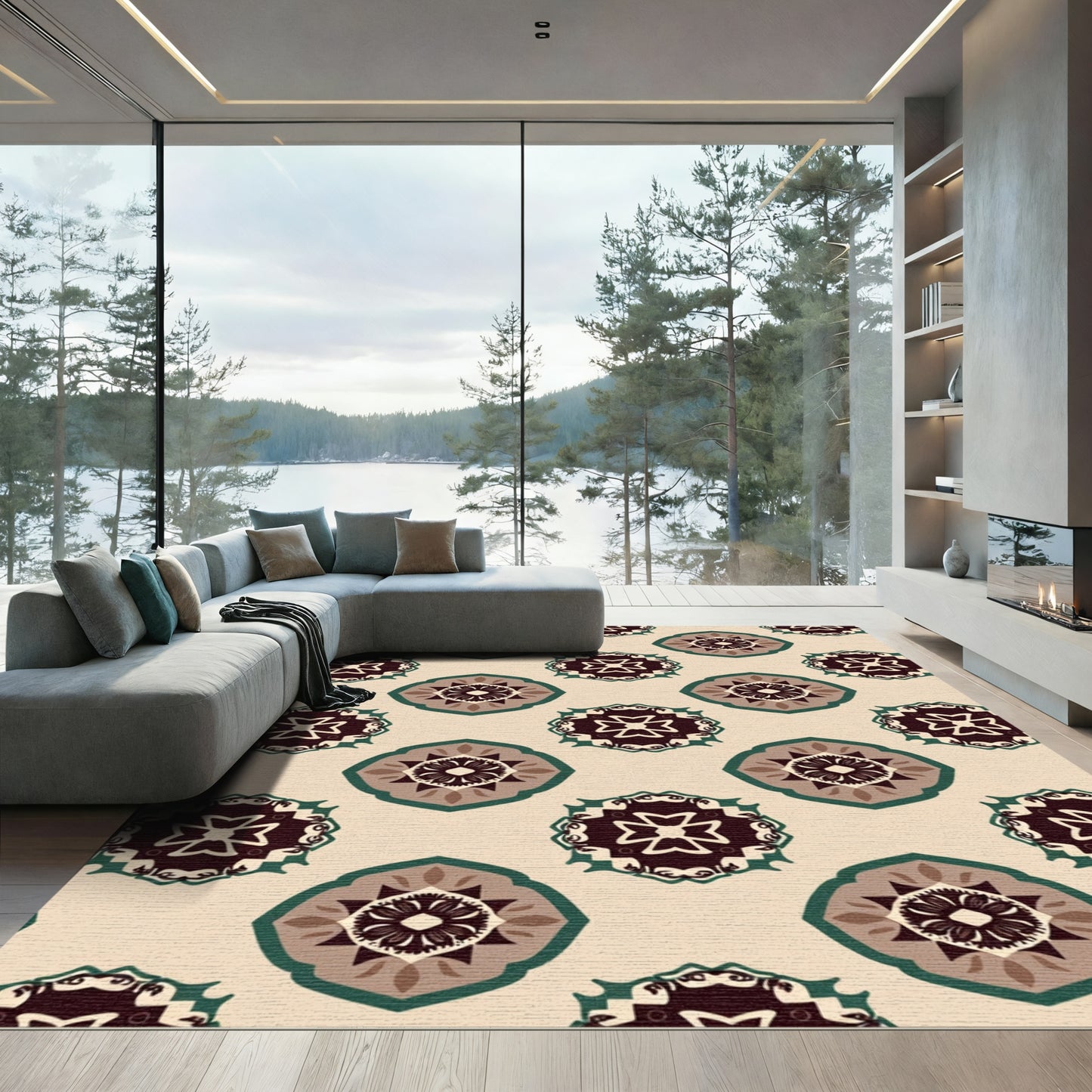 Brown Teal Ochre Medallion Rug