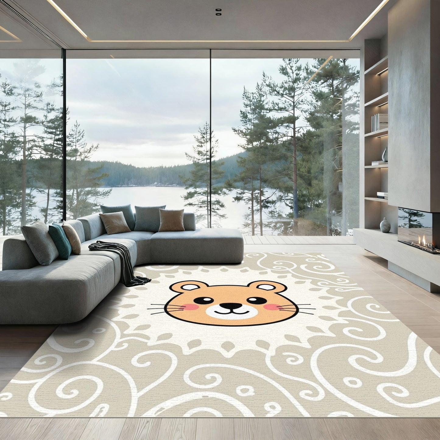 Cute Orange Bear Swirl Border Rug