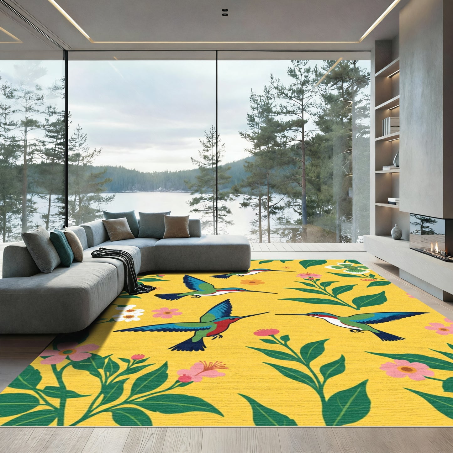 Bright Yellow Hummingbird Floral Garden Rug