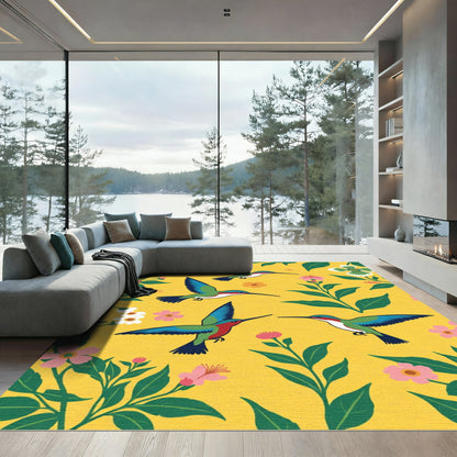 Bright Yellow Hummingbird Floral Garden Rug