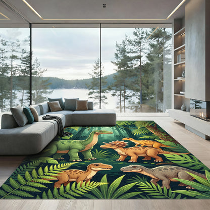 Whimsical Dinosaur Jungle Forest Scene Rug