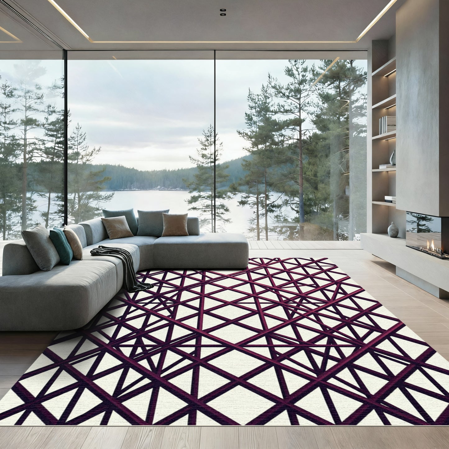 Deep Burgundy Abstract Linear Lattice Rug