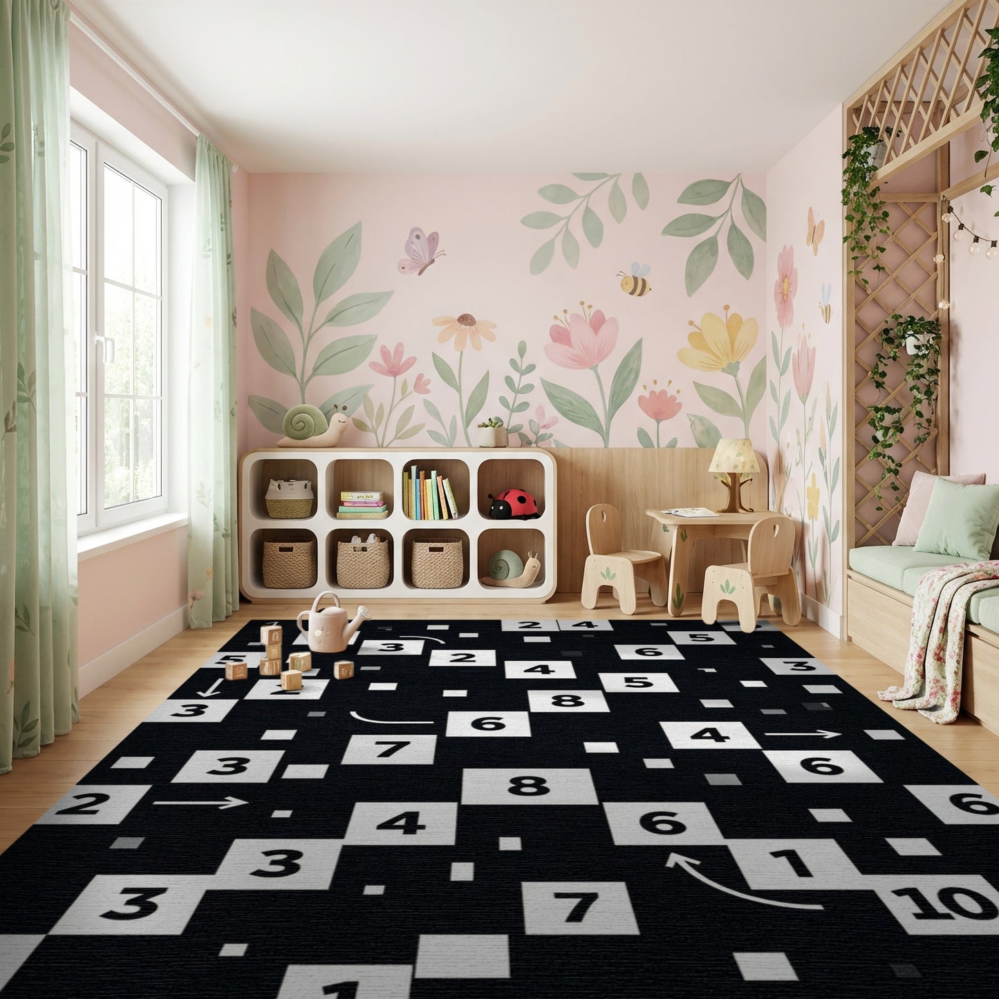 Black White Numeric Arrow Puzzle Rug