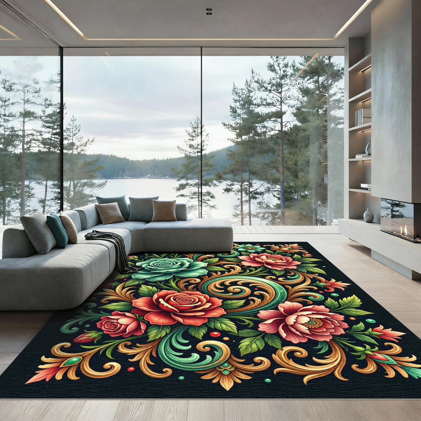 Elegant Teal and Crimson Floral Scroll Rug