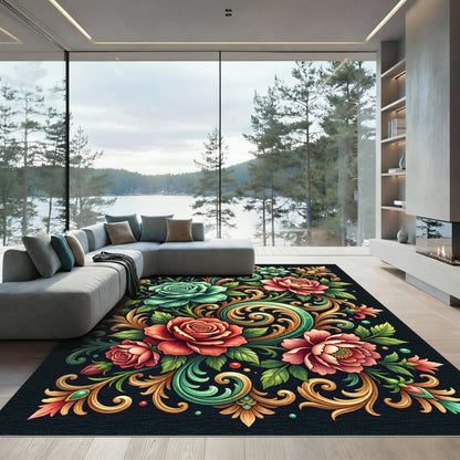 Elegant Teal and Crimson Floral Scroll Rug