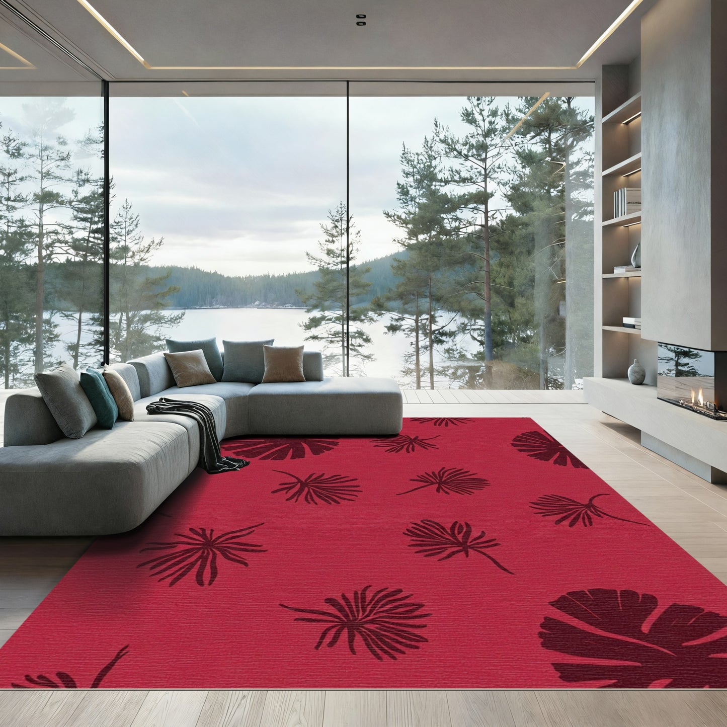 Crimson Red Botanical Fern Arrangement Rug