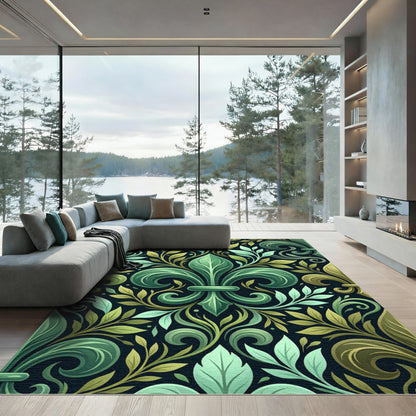 Elegant Emerald Green Fleur-de-lis Scroll Rug