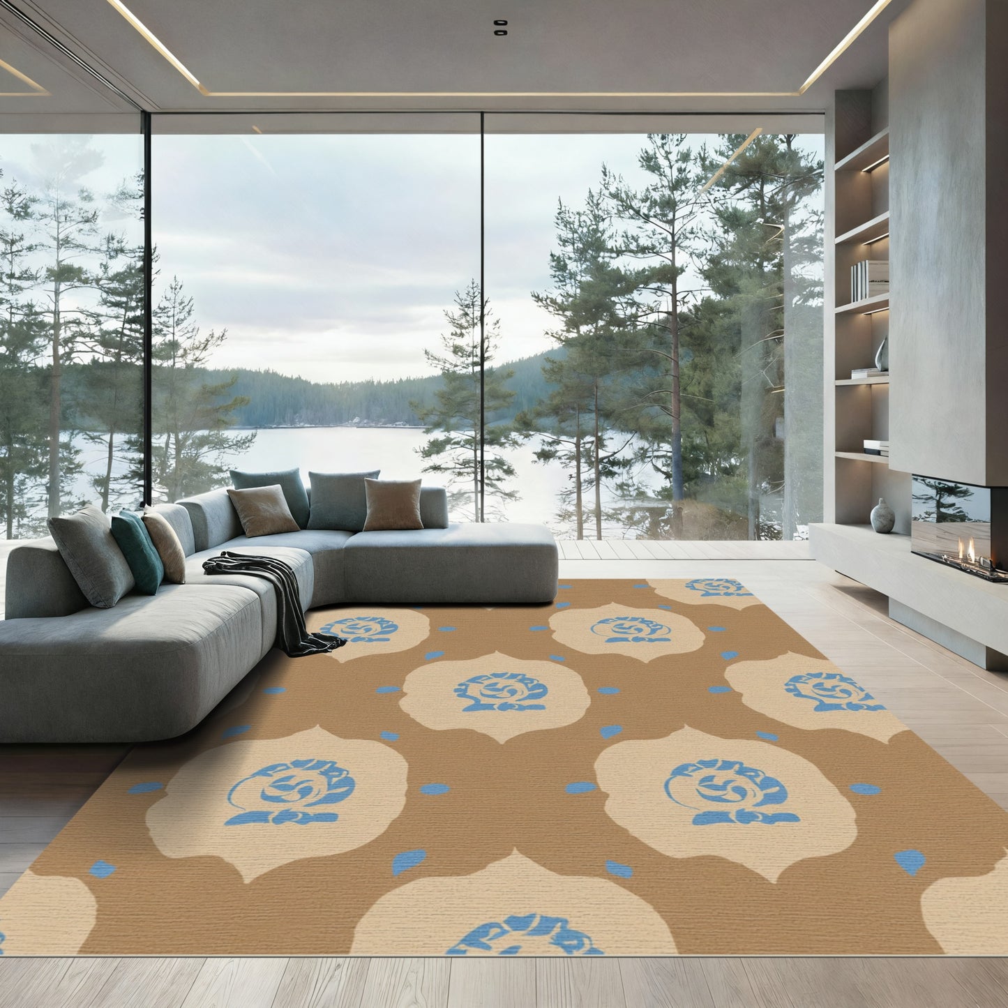 Blue Floral Medallion Tan Rug