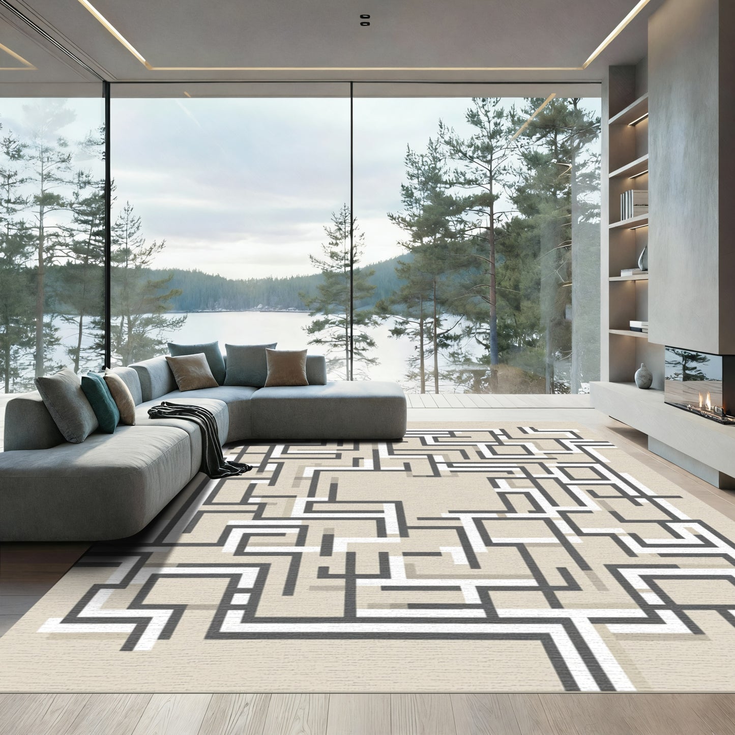 Modern Gray White Intersecting Lines Rug