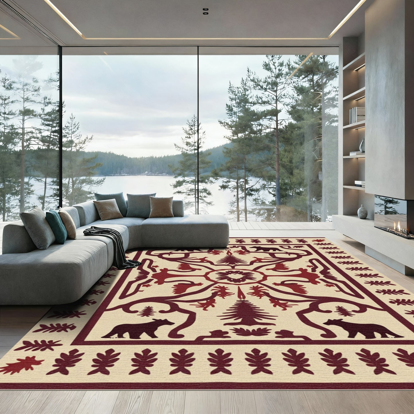 Rustic Red Bear Tree Border Rug