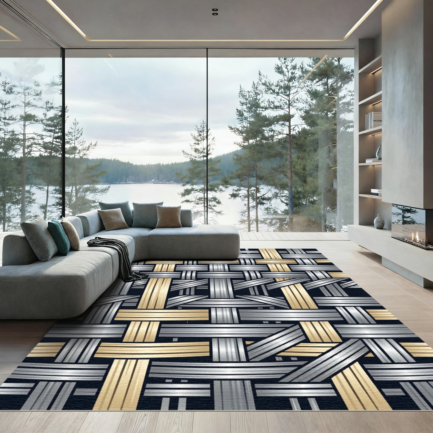 Gold Silver Woven Grid Rug
