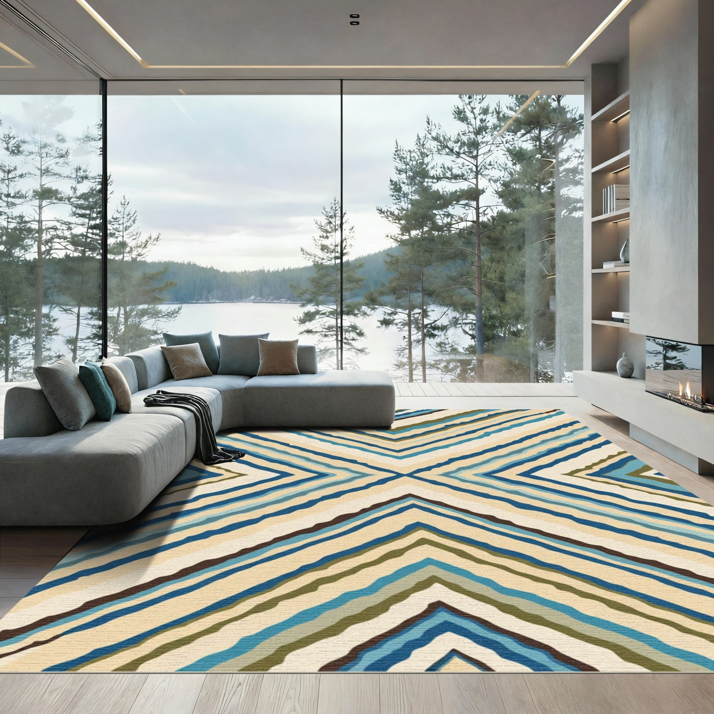 Chevron Blue Cream Earthy Stripe Rug
